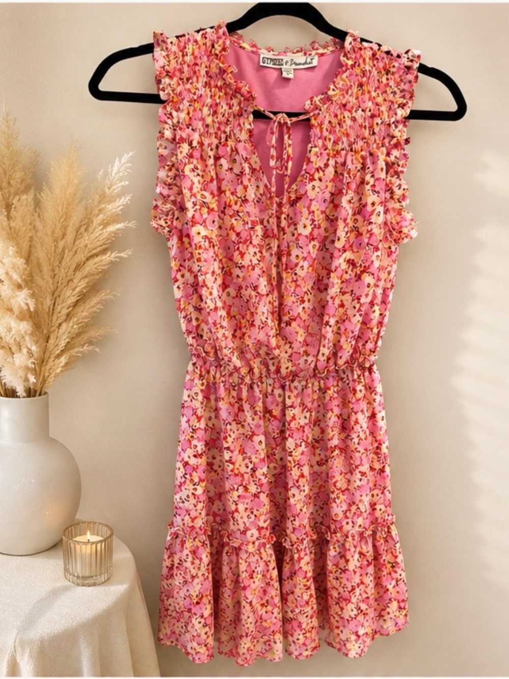 Gypsies & Moondust Pink Floral Ruffled Mini Dress